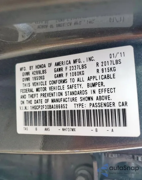 2011 Honda Accord Lx z USA, uszkodzony, nr VIN 1HGCP2F30BA086852